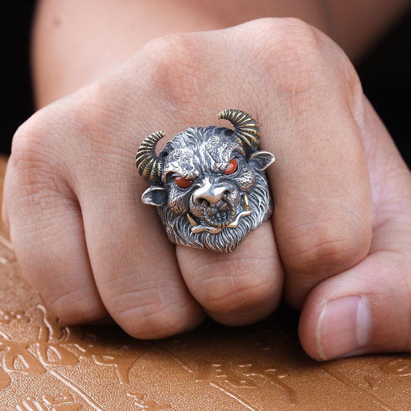 Cổ Điển Nam Cá Tính Độc Đoán Đầu Bò Nhẫn Xu Hướng Thời Trang Bull Magic Nhẫn Mở Có Thể Điều Chỉnh Kích Thước Goth Punk Trang Sức