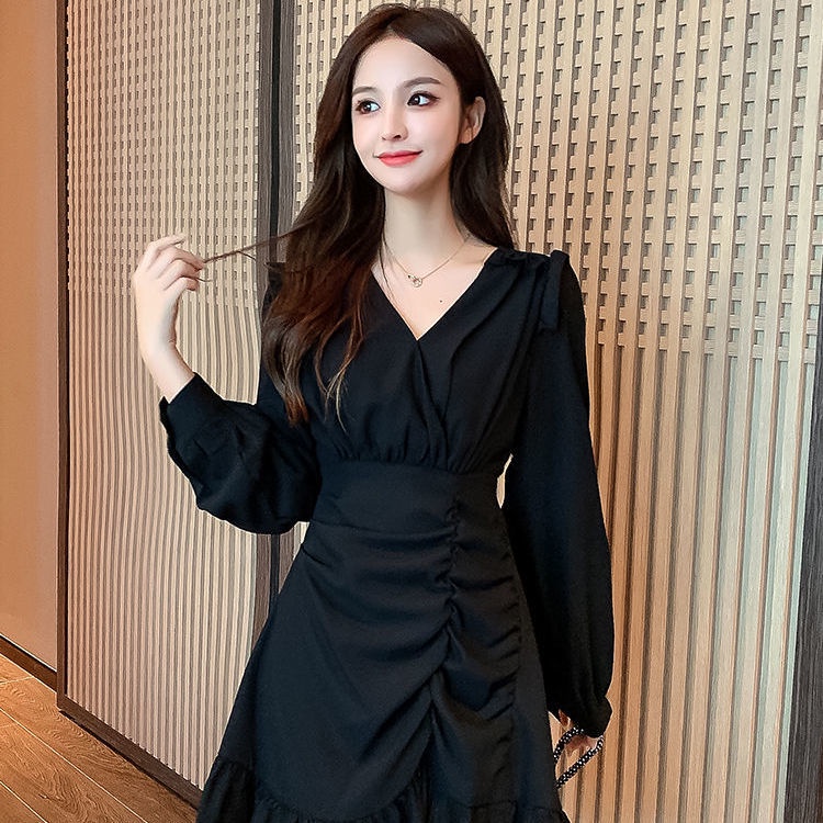 Đầm ôm eo màu đen phong cách Pháp thời trang mùa thu cho nữ