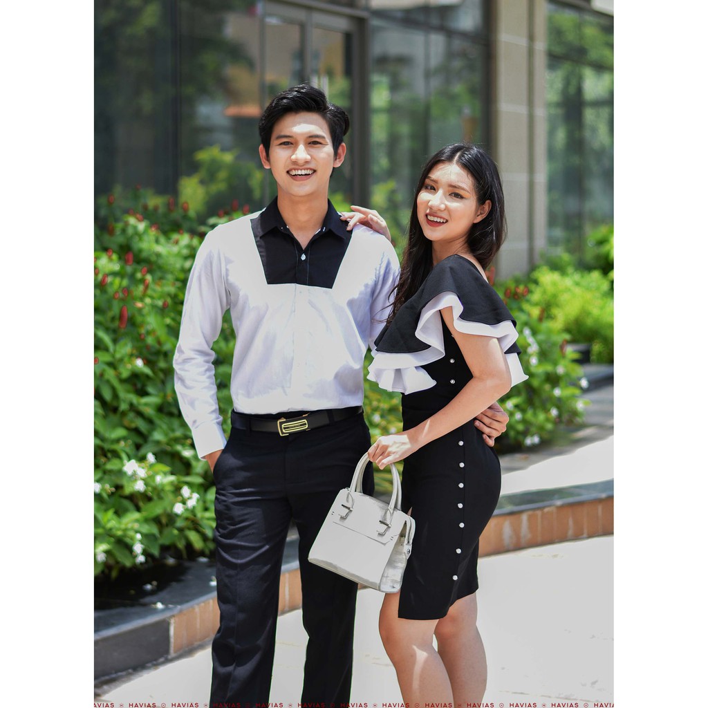 Đồ đôi Đầm Sơ Mi Couple Black Chest White Shirt &amp; Pearls Line Dress HAVIAS