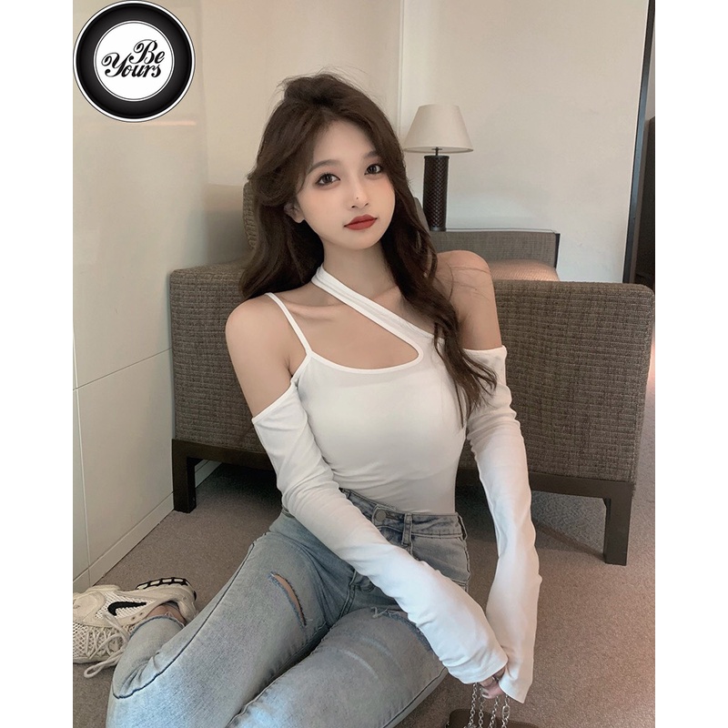 Áo Croptop 2 Dây Hở Vai 1 Bên Bigsize Dài Tay May Hai Lớp Chất Borib 2 Chiều Co Dãn "QUÂY XÉO TD"