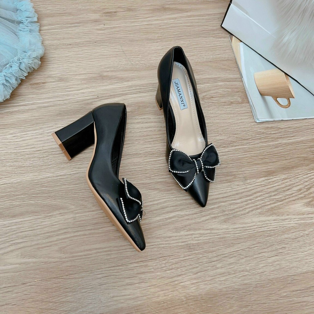 Giày cao gót công sở nữ Minhtuyetshoes-Giày nữ mũi nhọn gót vuông cao 7 phân nơ đính đá mẫu mới mã GCS2022