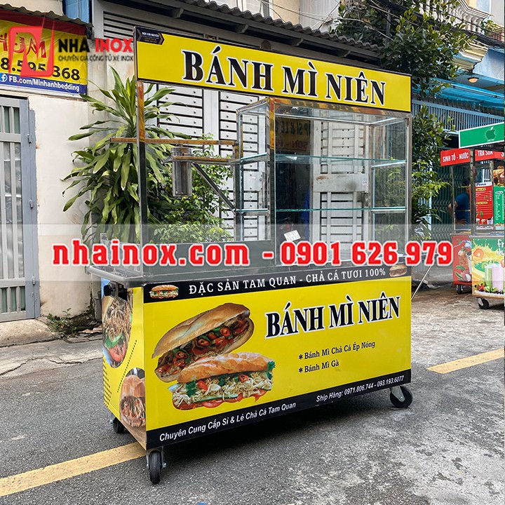 Xe bánh mì chả cá màu vàng nổi bật 1m5x60x1m77