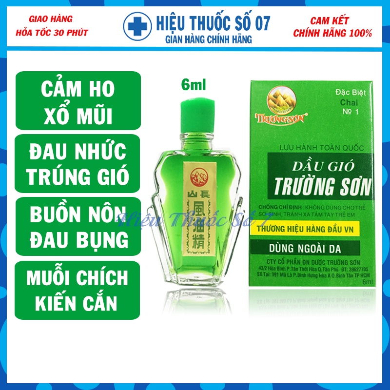 Dầu Gió Trường Sơn chai 6ml  Giảm ho, cảm cúm, nhức đầu sổ mũi, say tàu xe, vết cắn do côn trùng