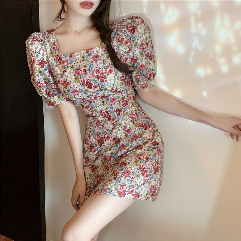 VÁY HOA NHÍ TAY BỒNG CỔ VUÔNG THẮT NƠ LƯNG HỒNG TÍM - VÁY HOA TÍM TIỂU THƯ