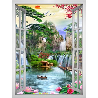 Tranh dán tường cửa sổ khổ dọc HD Sơn thủy hữu tình CS-0411D Kim sa
