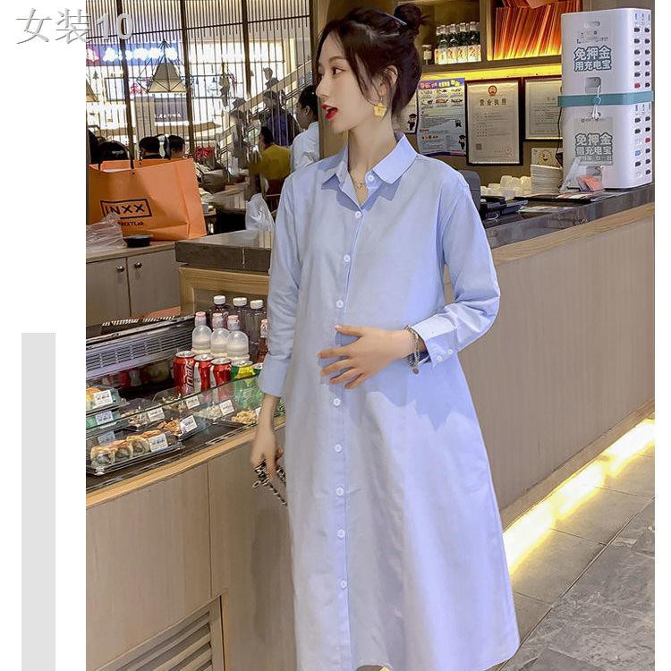 ™Trang phục bà bầu mùa xuân và thu 2021 xu hướng thời mới hot mom áo sơ mi mỏng nữ váy suông dài cho con bú