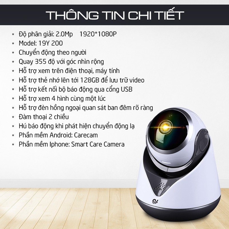 Camera Wifi IP - Camera Quan Sát Trong Nhà CARECAM 19Y200- 2.0 (1080FullHD)