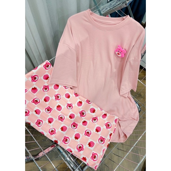 Set áo hồng gấu đính quần suông gân gấu lotso