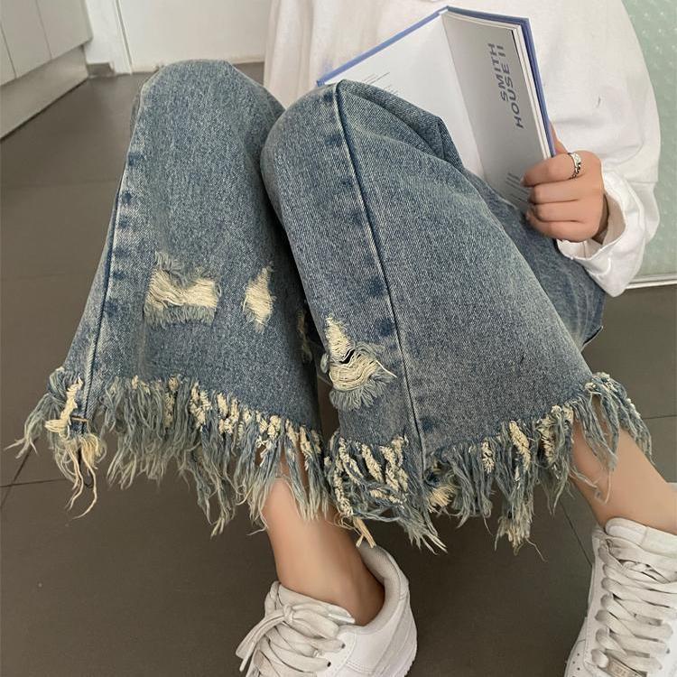 Jiashucheng Hàng Có Sẵn Quần Jean Ống Rộng Rách Gối Phong Cách Đường Phố Mùa Hè Mới Cho Nữ