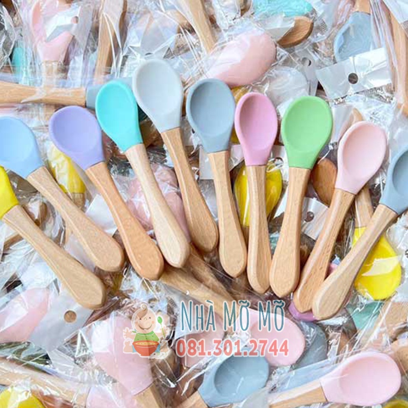 Thìa muỗng silicon cán gỗ cho bé tập múc ăn dặm giúp bé xúc cơm dễ dàng - Nhà Mỡ