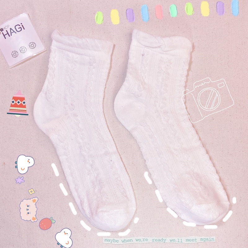 Set 4 Đôi Tất nữ Vintage Trắng Phối Ren Hoạ Tiết Hoa Mùa Xuân Dễ Thương Phong cách Hàn quốc Học sinh Sinh Viên