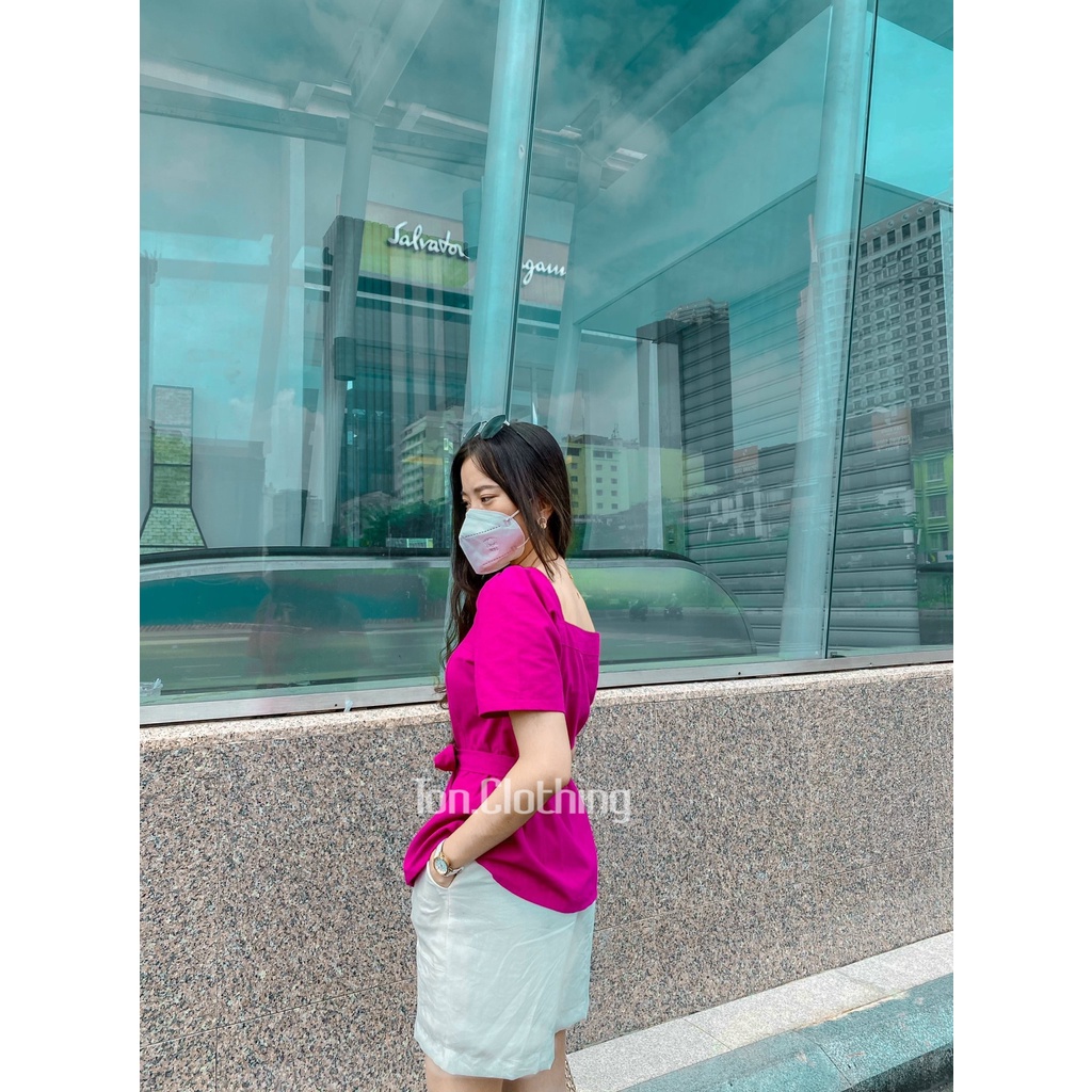 Áo Kiểu cổ vuông tay ngắn cột nơ eo Ton.Clothing vải Linen xốp màu hồng tím AOK014
