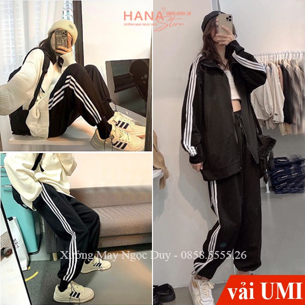 Quần thể thao ống rộng nữ viền kẻ 3 sọc trắng có dây rút gấu chất vải Umi - Quần jogger ống rộng nữ mặc đi học thể dục -