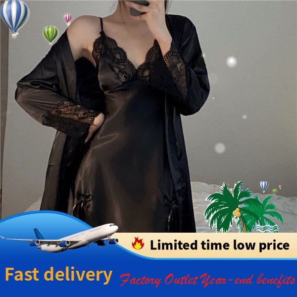 {Nightgown} Bộ Đồ Ngủ Vải Lụa Băng Mỏng Phối Ren Quyến Rũ Phong Cách Năm 2021 + Áo Choàng Ngoài UTtG * - && & & - & - & &