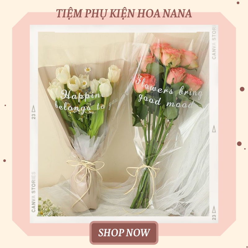 Set 10c Túi Bóng Kính Đựng Bó Hoa 5-7 Bông, Size Vừa 30*50cm, Trong Suốt 2 Mặt, In Chữ Tiếng Anh, Nội Dung Ý Nghĩa