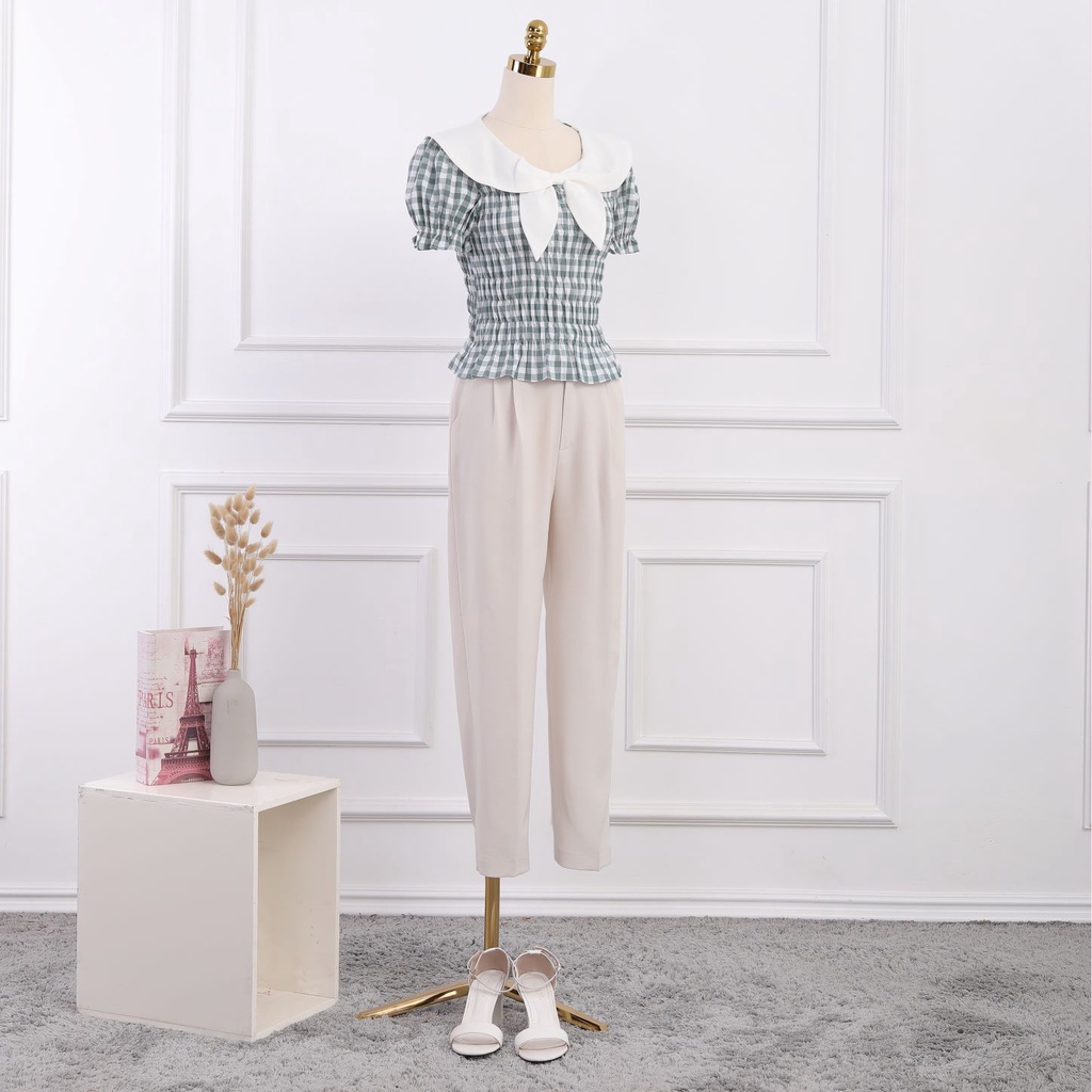 Áo sơ mi kiểu nữ croptop, chun eo, cổ sen phối trắng, kẻ caro, tay bồng, hàng thiết kế cao cấp TK Fashion - SMKA188