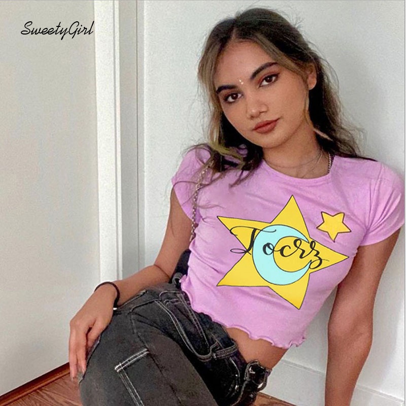 Áo Croptop Tay Ngắn Cổ Tròn In Họa Tiết Hoạt Hình Dành Cho Nữ