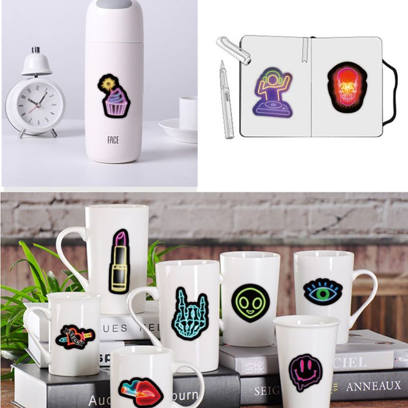 Combo 50 sticker decal Neon chống thấm nước dán nón bảo hiểm laptop đàn guitar tủ lạnh xe máy
