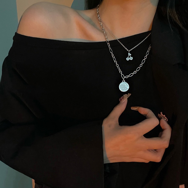 Vòng cổ hai lớp mặt hình hoa và quả anh đào phong cách punk dành cho nữ