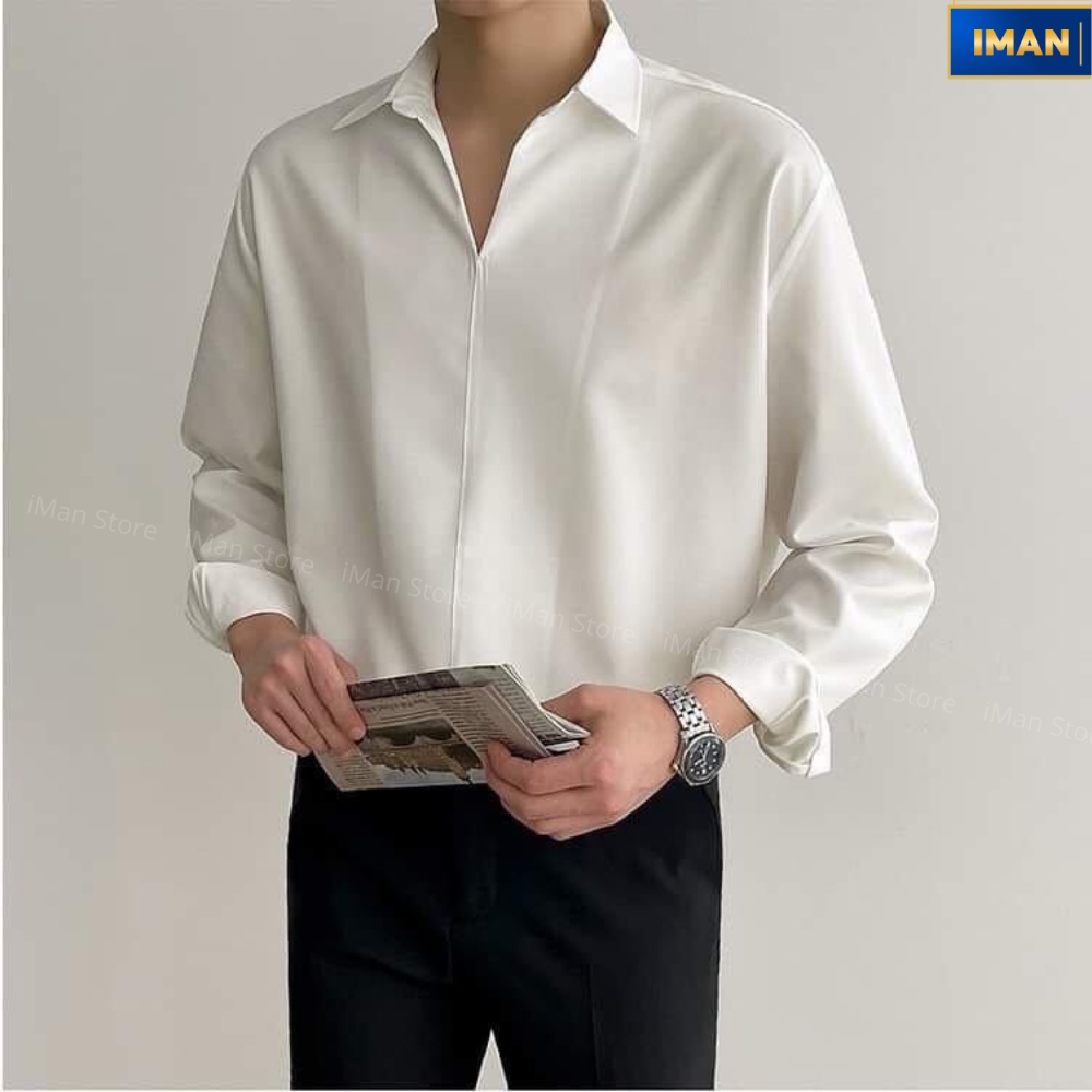 Áo Sơ Mi Nam Nữ Cổ V Dài Tay, Sơ Mi Nam Hàn Quốc Form Rộng Unisex Vải Lụa Mềm Mịn Thoáng Máti