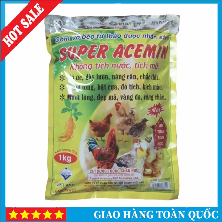 SUPER ACEMIN Gói 1kg - Vỗ Béo, Tăng Cường Sức Đề Kháng Cho Vật Nuôi. Bung lông, bật cựa, đỏ tích, kích mào, đẹp mã.....