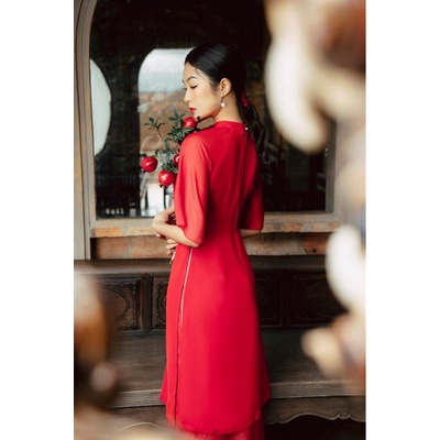 Áo dài cổ tàu đính nơ tay zaclang loe ( không kèm quần)  TIINSTORE  ACT128