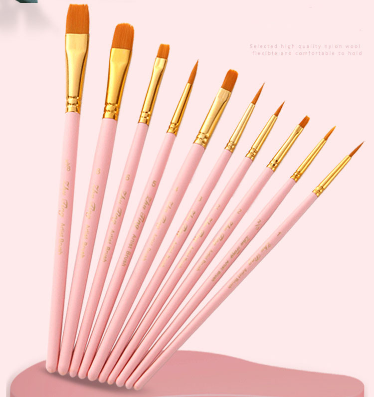 Artist Nylon Paint Brush 10 pcs Professional Watercolor Acrylic Wooden Handle Painting Brushes Art Stationery