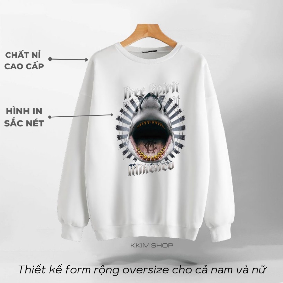 Áo Nỉ SWEATER MIKENCO Cá Mập FREE SPIRIT, Áo Nỉ Dài Tay Form Rộng Oversize Unisex Nam Nữ, Chất Nỉ dày dặn cao cấp