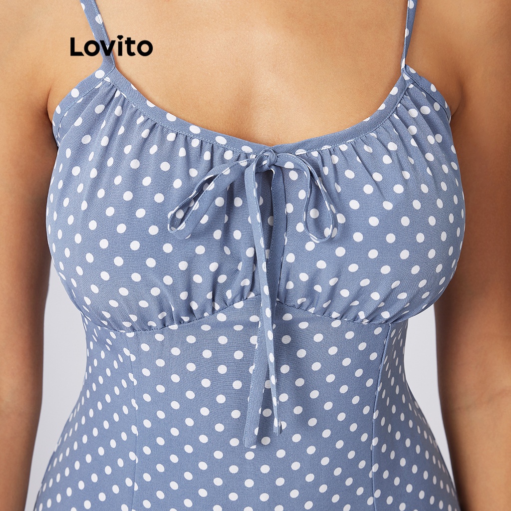 1221de-Lovito Thường xuyên Polka Dot Tie Split Front Spaghetti Straps Dress L21AS025 (Blue)
