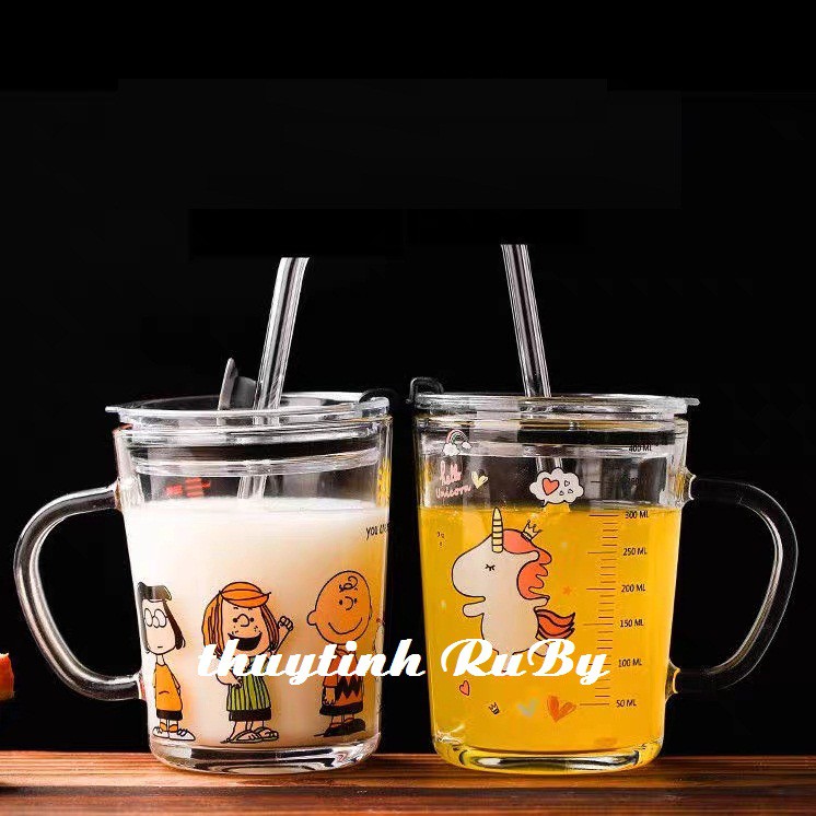 Bộ 2 Ly Quai Thủy Tinh Có Lỗ Ống Hút Uống Sữa 370ml, Ca Uống Nước Có Chia Vạch Đo
