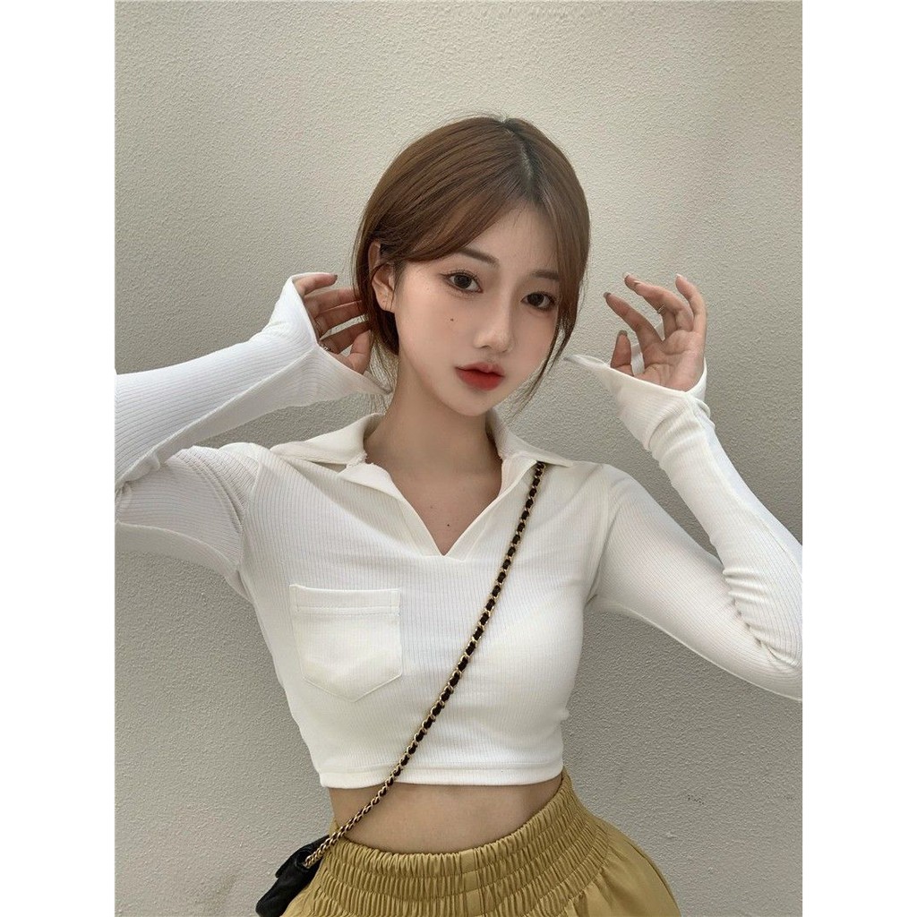 [ORDER] Áo thun croptop cổ đức tay dài dáng lửng sexy nữ tính ulzzang - Có ảnh thật