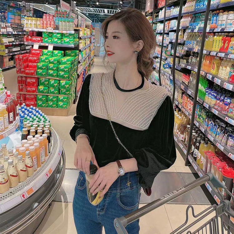 Áo Nhung Tay Dài Cổ Tròn Phối Lưới Ngọc Trai Thời Trang Mùa Thu Phong Cách Châu Âu Hàng Mới Cho Nữ