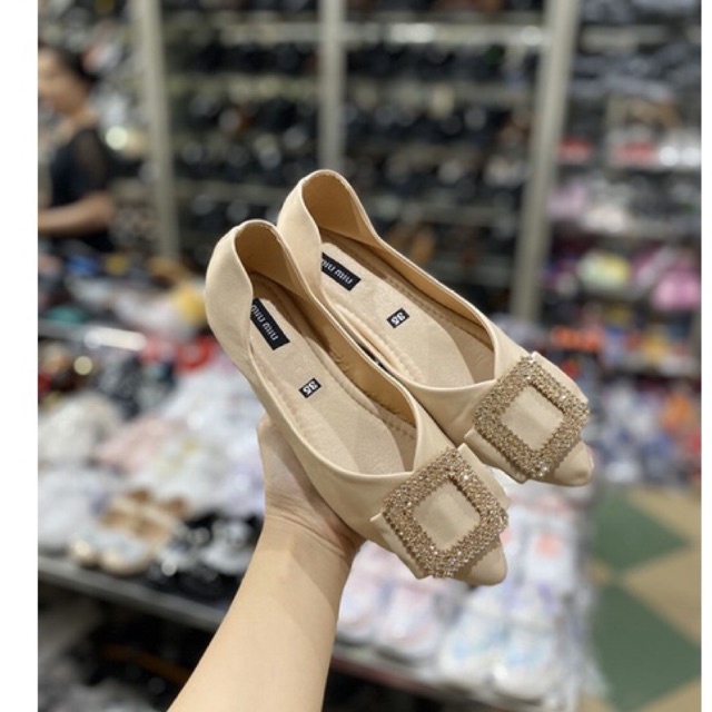 Giày búp bê bệt nữ mềm mũi nhọn gắn đá 2 màu