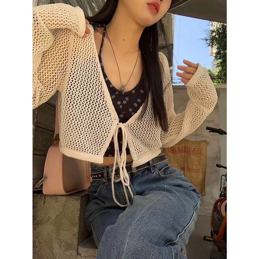 Áo khoác cardigan nữ Quảng Châu lưới buộc dây mix váy áo cá tính freesize MS678