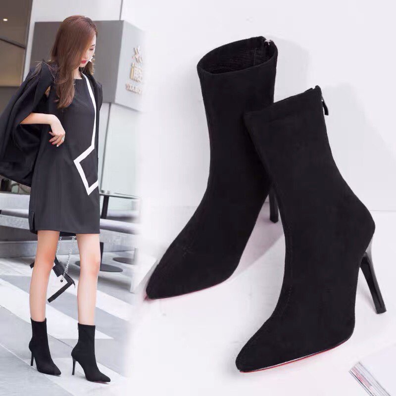 Bốt - Boots nỉ da lộn basic khóa kéo gót cao 7p gót vuông, gót nhọn