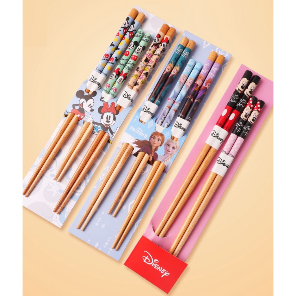 Set 3 Set 2 đũa gỗ Disney hình Frozen Mickey Minnie siêu đẹp cho trẻ em bé trai gái , nam nữ