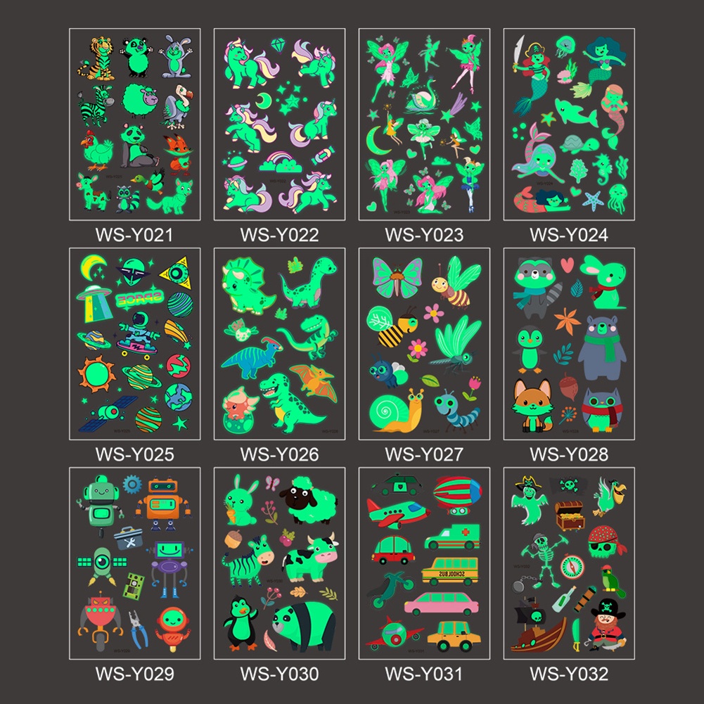 Hw Hình Xăm Tạm Thời Dạ Quang Chống Nước 110x75mm Họa Tiết Hoạt Hình Cho Trẻ Em