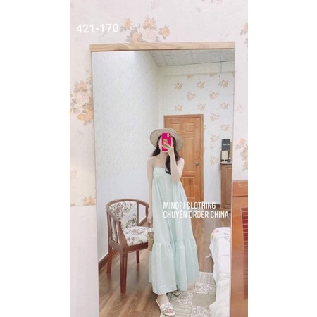 Váy Ngọc Trinh siêu hot, Váy midi 2 dây xanh mint ngọt ngào