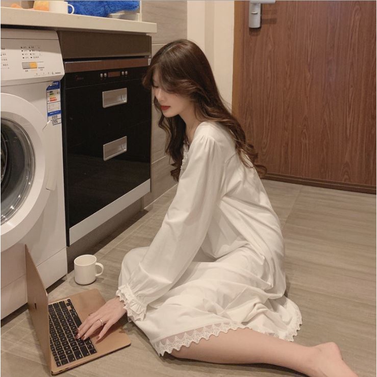 Váy ngủ dáng dài trắng phối ren tiểu thư hàn quốc xinh xắn