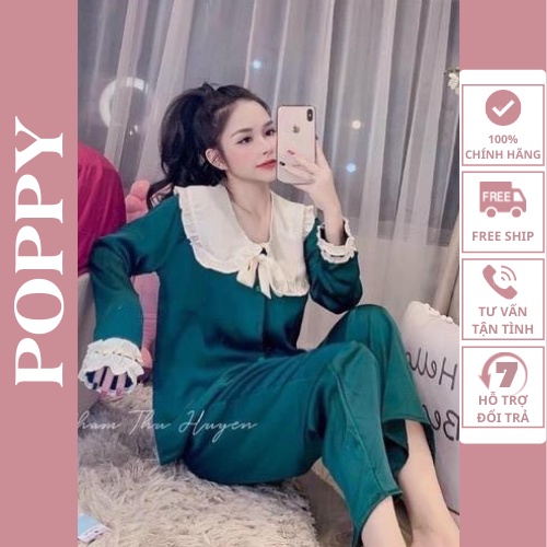 [Qùa tặng dây cột tóc] Đồ ngủ pijama nữ lụa  đẹp,Bộ mặc nhà nữ cao cấp đồ Bộ nữ quần dài POPPY-Nơ bèo