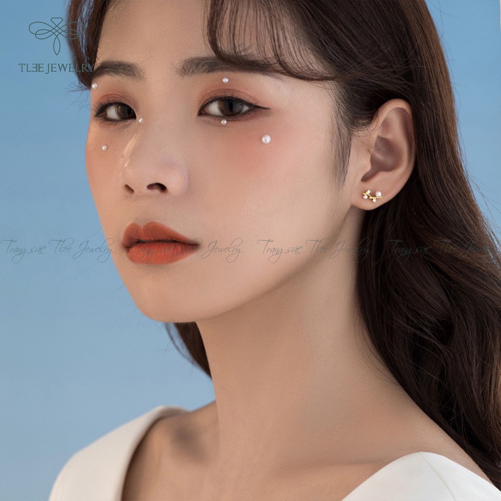 Khuyên tai bạc nữ TLEE cành lá đính trai nhân tạo nữ tính NCJ B0173