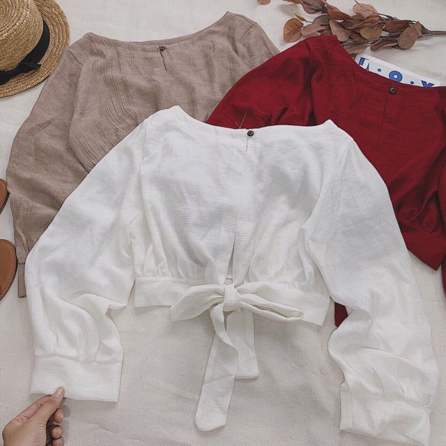 ÁO CROPTOP EVELYN TOP VERSION 2 CỘT NƠ LƯNG TAY DÀI Siêu Xin