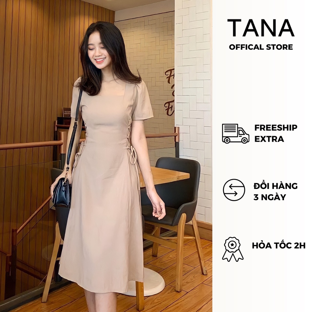 Đầm đi tiệc TANA D0088 đầm cổ vuông đan eo 3 màu Trắng, Đen, Nude mặc hàng ngày, đi làm, đi tiệc