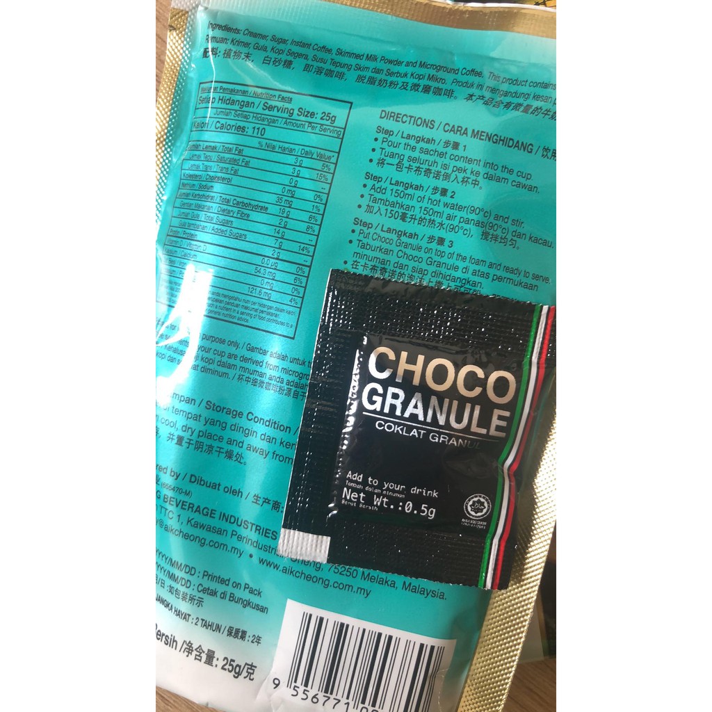 Cafe  Capuchino Malaysia Đẳng Cấp Sang Trọng Gói Hòa Tan Aik Cheong 12 Gói x 25G Chính Hãng