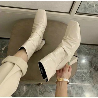 Boots nữ nhăn da bóng ôm chân cao gót 6,7 phân (Fullbox)