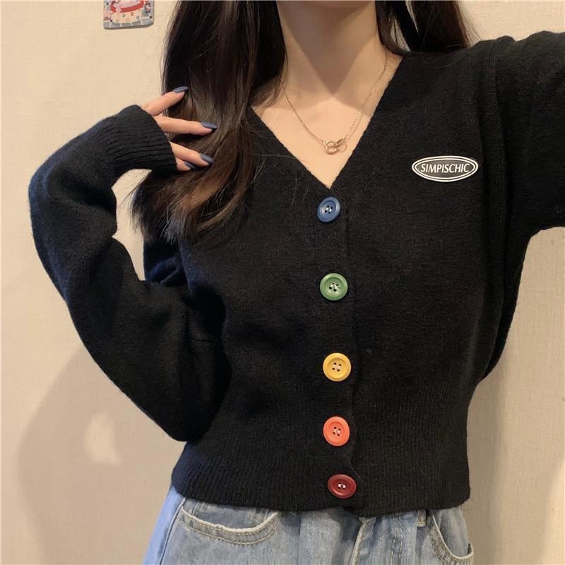 Áo sweater dáng rộng ngắn cổ chữ V phối nút nhiều màu phong cách 2020 trẻ trung
