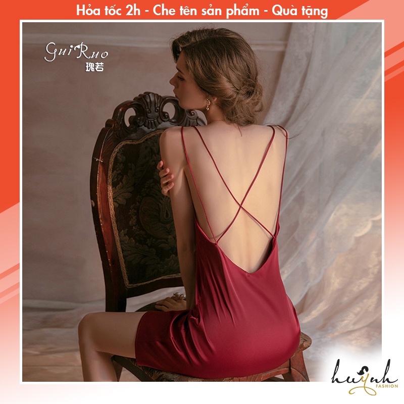 Váy ngủ lụa hai dây trơn mặc nhà hở lưng cao cấp GUIRUO - N62