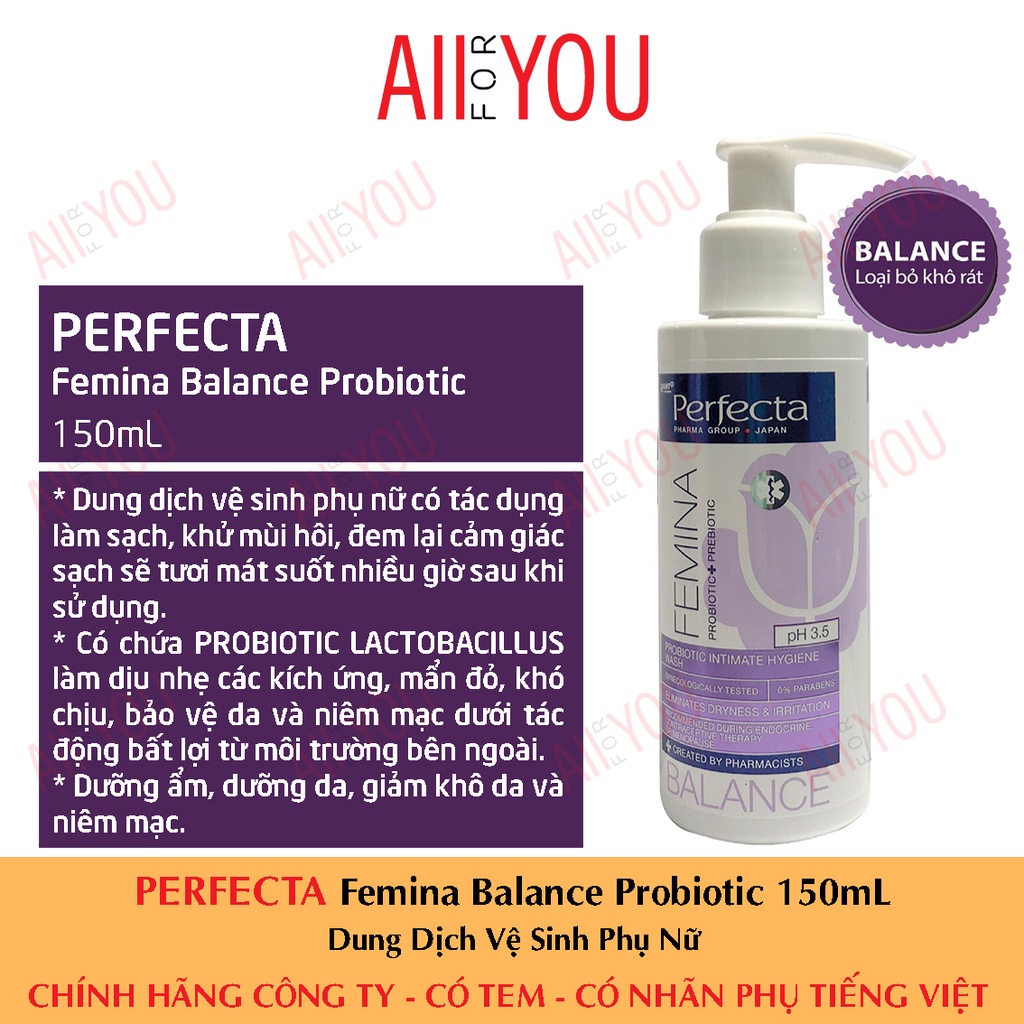 [CHÍNH HÃNG CÓ TEM] PERFECTA Femina Balance Probiotic 150mL - Dung Dịch Vệ Sinh Phụ Nữ.