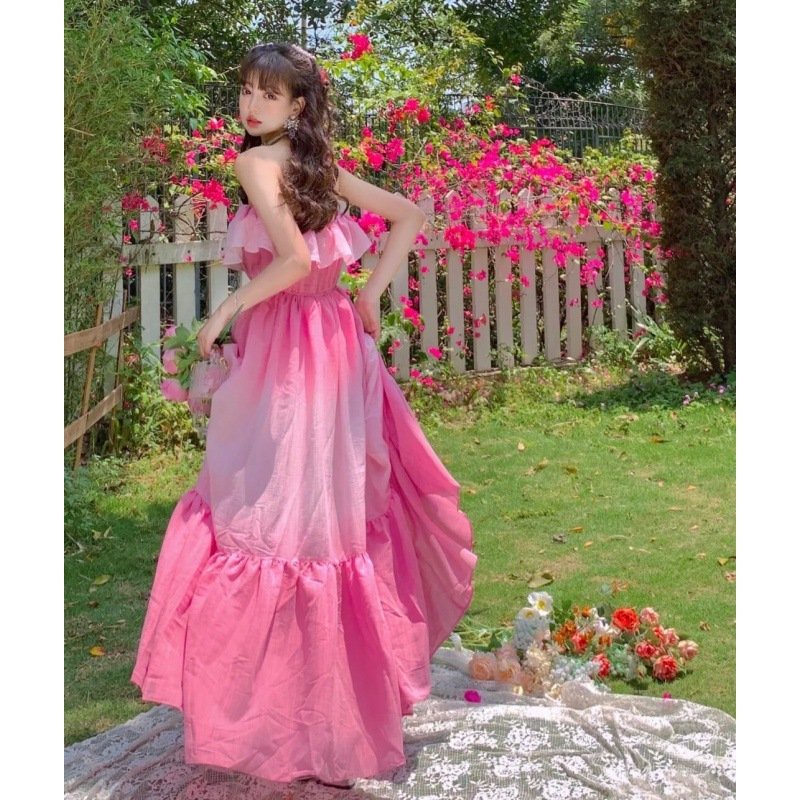 Váy Maxi đi biển nữ trễ vai đẹp dự tiệc đầm váy maxi dáng dài hồng xòe hở lưng kiểu Hàn Quốc thiết kế sang chảnh DK1T3