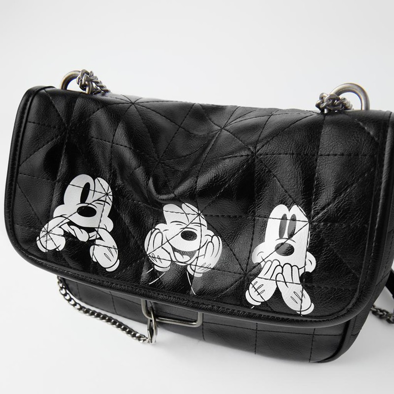 Mới Túi Xách Đeo Vai Da pu Mềm Phối Dây Xích In Hoạ Tiết mickey Xinh Xắn